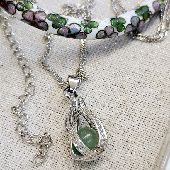 SET! Green Jade 925 Sterling Silver Cage Necklace with Cloisonne Bracelet SET! - Picture 2 of 15